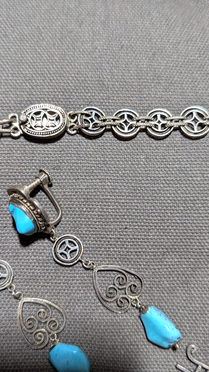Collier et boucles, vintage, en argent et turquoises-Bijoux-photo-3