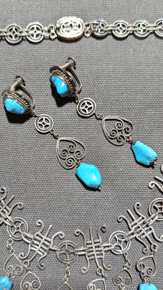 Collier et boucles, vintage, en argent et turquoises-Bijoux-photo-4