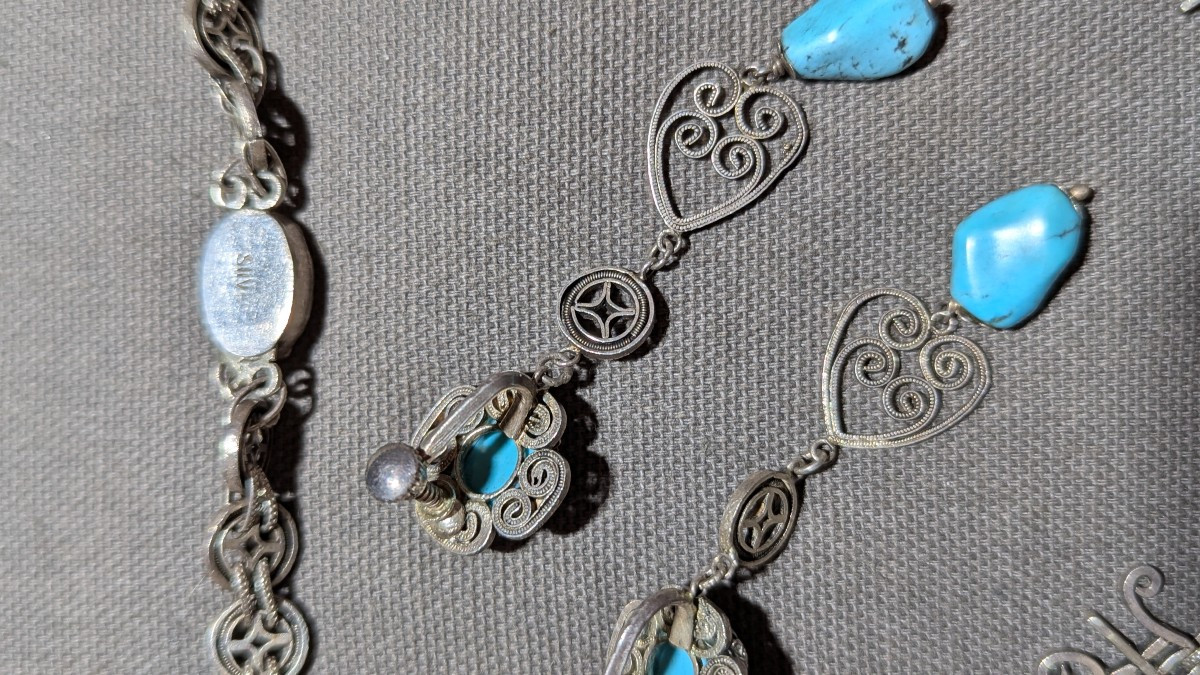 Collier et boucles, vintage, en argent et turquoises-Bijoux-photo-1