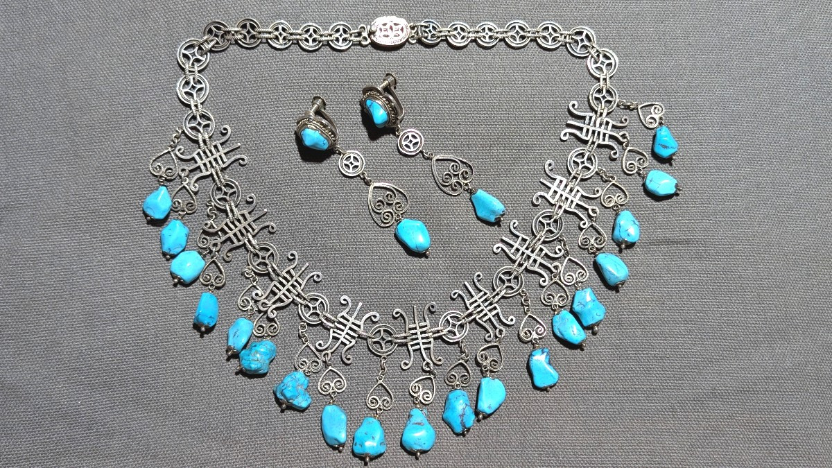Collier et boucles, vintage, en argent et turquoises-Bijoux