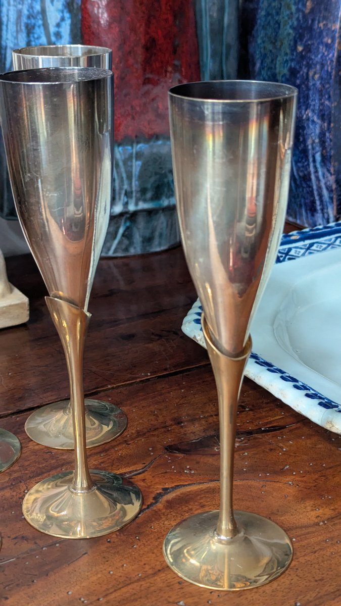 6 Champagne Flutes, Design-gold-plated Brass And Silver-plated Metal-photo-2