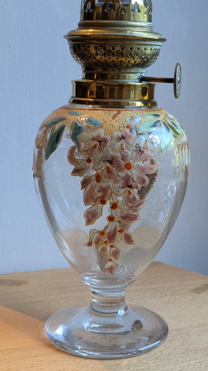 Art Nouveau Kerosene Lamp, Made Of Enameled Glass—brenner Kosmos—glycine