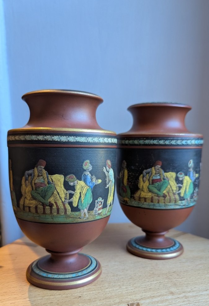 Pair Of 19th-century Vases—prattware—1850—turkish Smoker