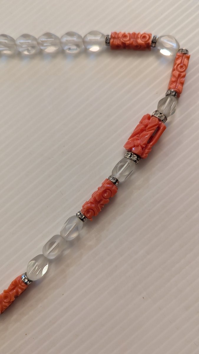 Collier Art Déco, en galalithe orange, verre taillé et strass-photo-3
