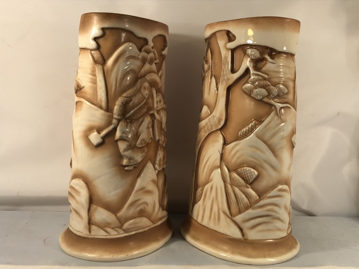 Paire de vases japonisants en porcelaine de Rudolstadt-Imitation défense d'éléphant sculptée-photo-4
