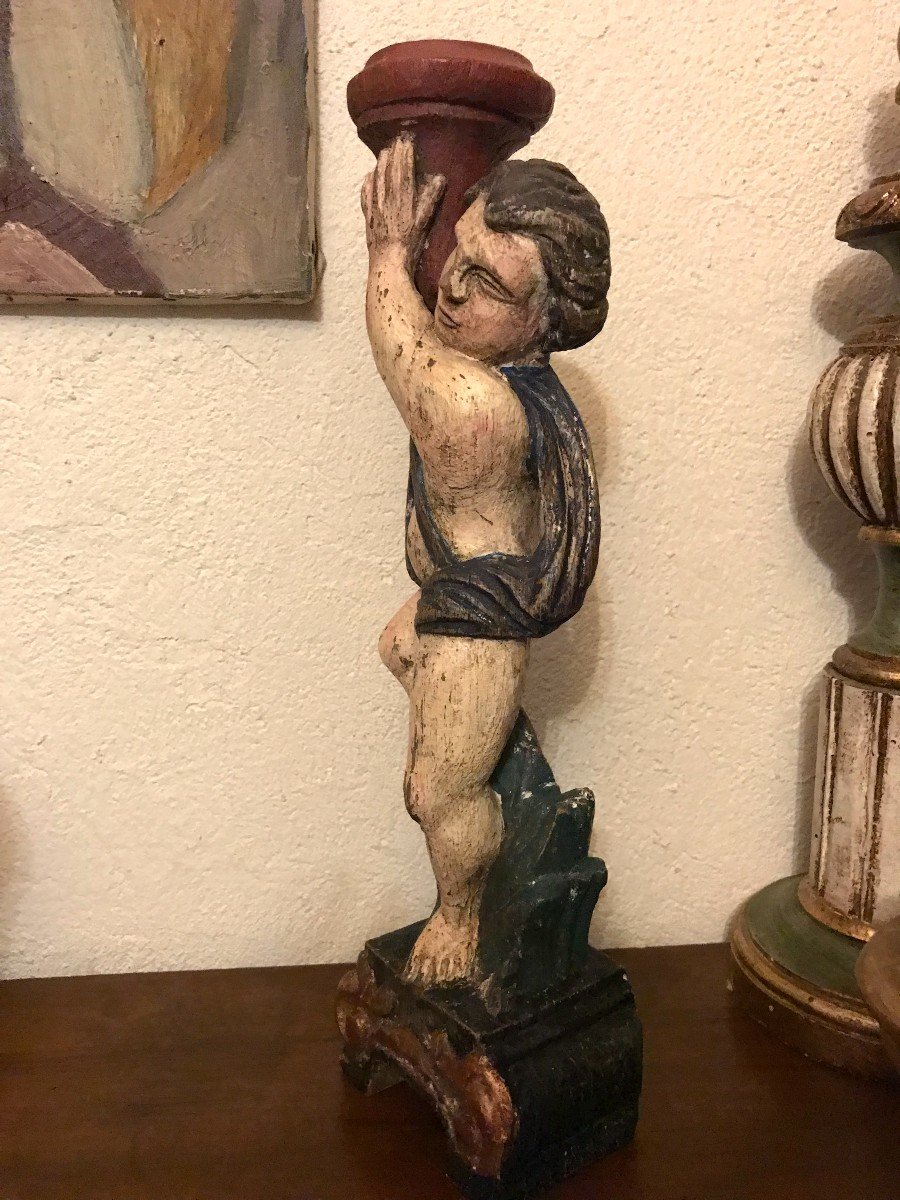 Porte-torchère 18ème, en bois peint-Putto-Bougeoir-photo-1