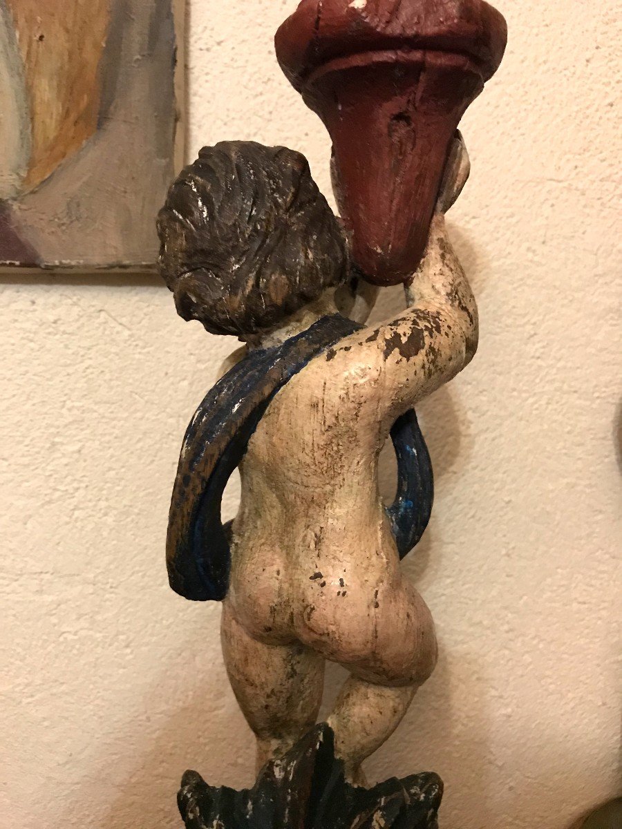 Porte-torchère 18ème, en bois peint-Putto-Bougeoir-photo-3