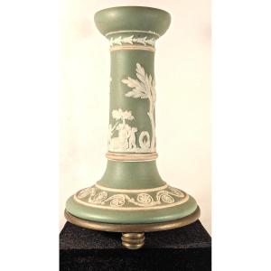 Wedgwood Candle Holder, Mounted On Bronze-olive Green Stoneware