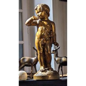 Wooden Sculpture, Bronze Patina-putti-53 Cm