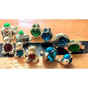 Set Of 11 Animals, In Silver Metal And Colored Crystal, Christofle 