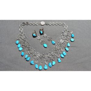 Collier et boucles, vintage, en argent et turquoises-Bijoux