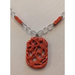 Art Deco Necklace, Made Of Orange Galalith, Cut Glass, And Rhinestones