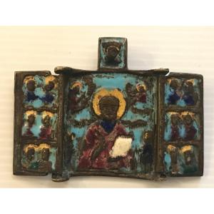 Petit triptyque orthodoxe 18ème, en bronze émaillé-Reliquaire russe