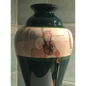 Grand vase balustre Art Déco, en céramique-Décor peint signé Marken MK9