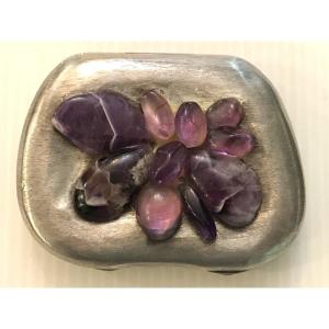 Unique Piece: Jewel Compact, Modernist, In Brushed Solid Silver, Decorated With Amethysts-164 Gr