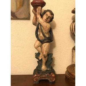 18th Century Torchiere Holder, In Painted Wood-putto-candleholder