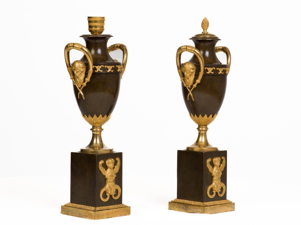 Pair Of Covered Vases Forming Candlestick Empire Period-photo-2