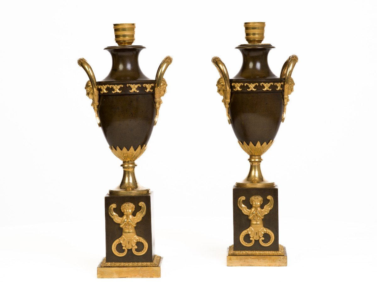 Pair Of Covered Vases Forming Candlestick Empire Period-photo-3