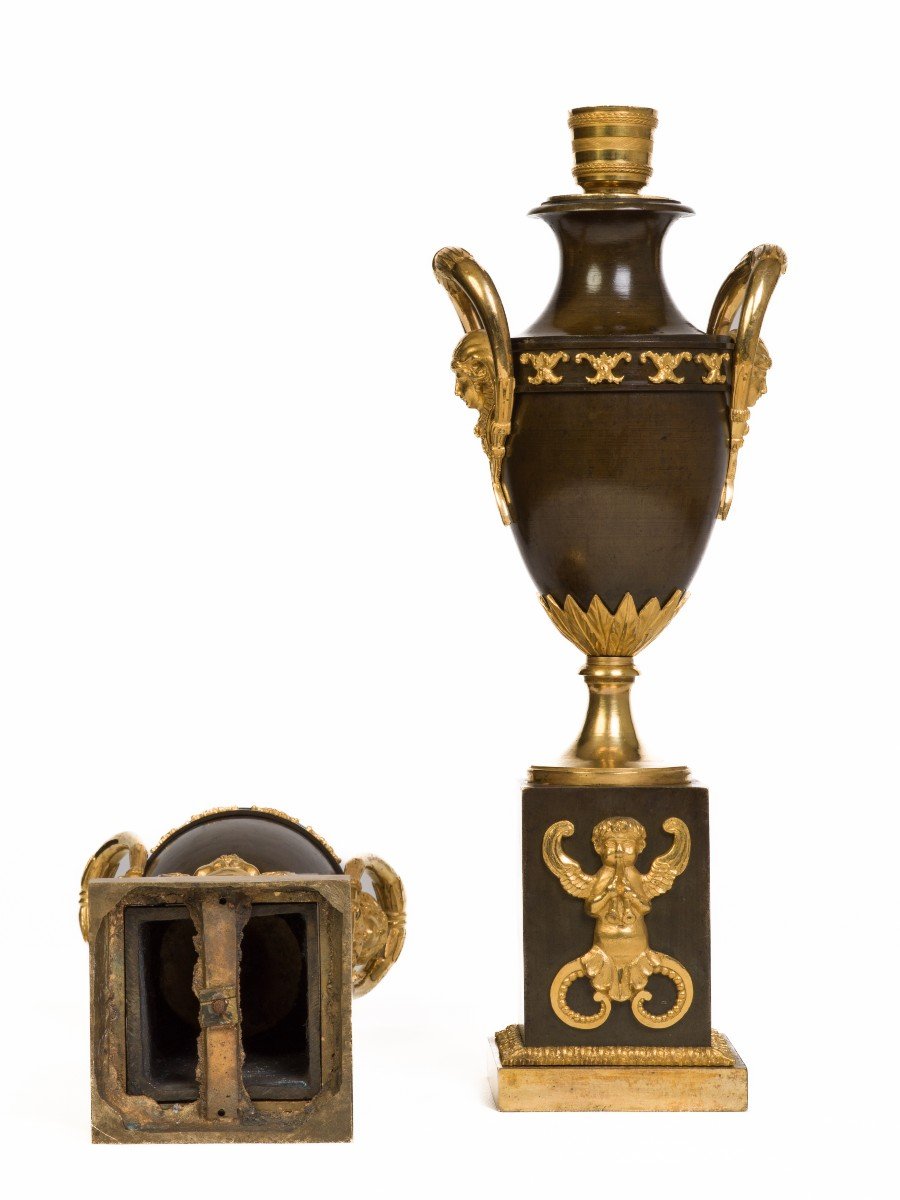 Pair Of Covered Vases Forming Candlestick Empire Period-photo-5