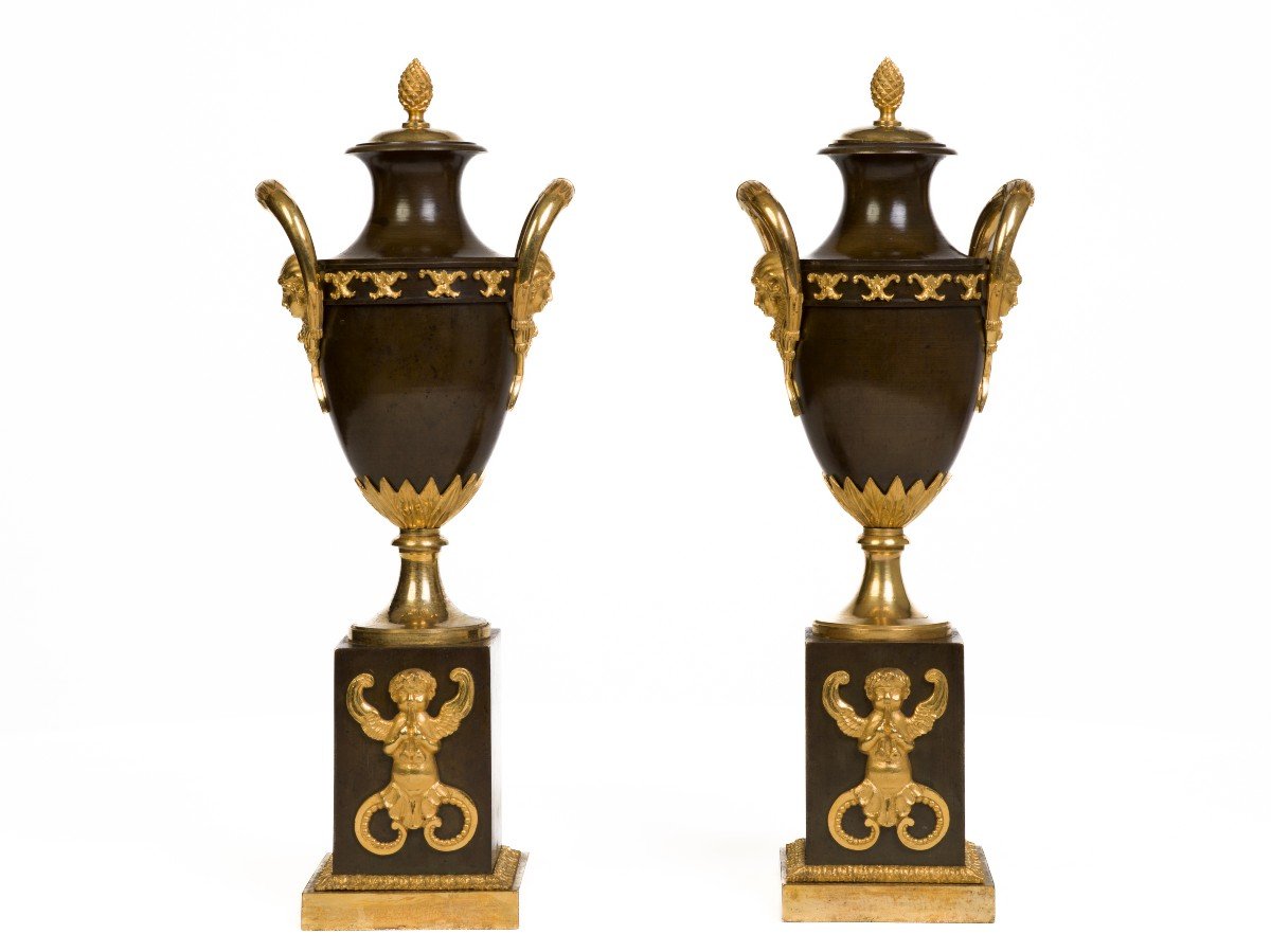 Pair Of Covered Vases Forming Candlestick Empire Period-photo-6