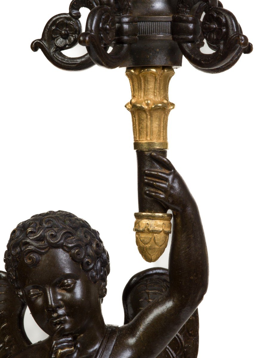 Pair Of Candelabra In Patinated And Gilded Bronze, Restoration Period-photo-1