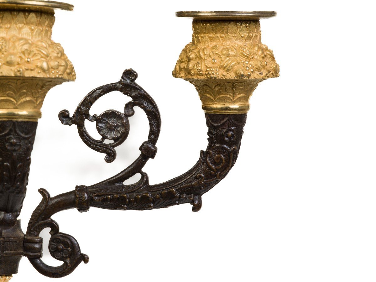 Pair Of Candelabra In Patinated And Gilded Bronze, Restoration Period-photo-3