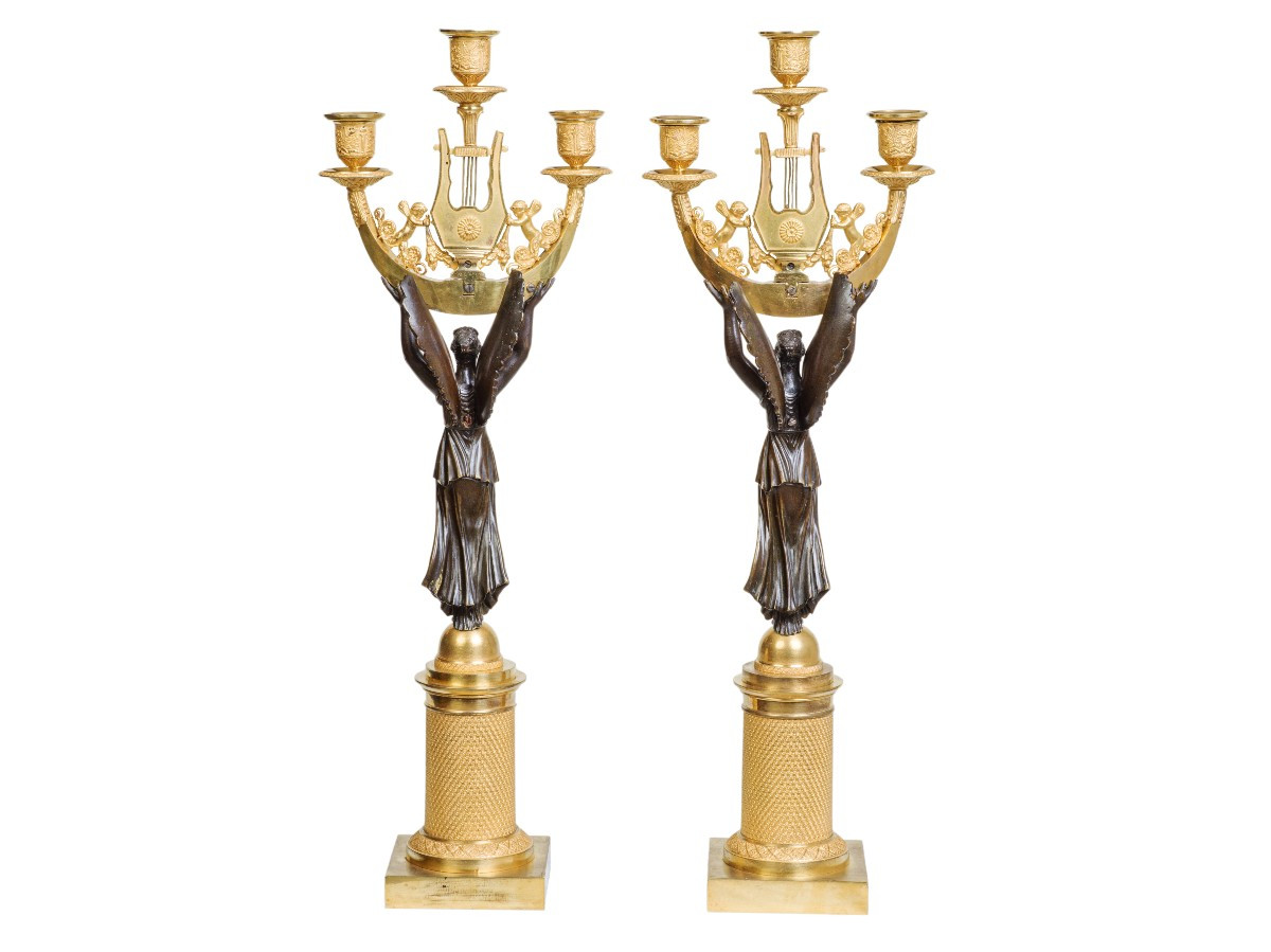 Pair Of Patinated And Gilded Bronze Candelabras, Empire Period-photo-3