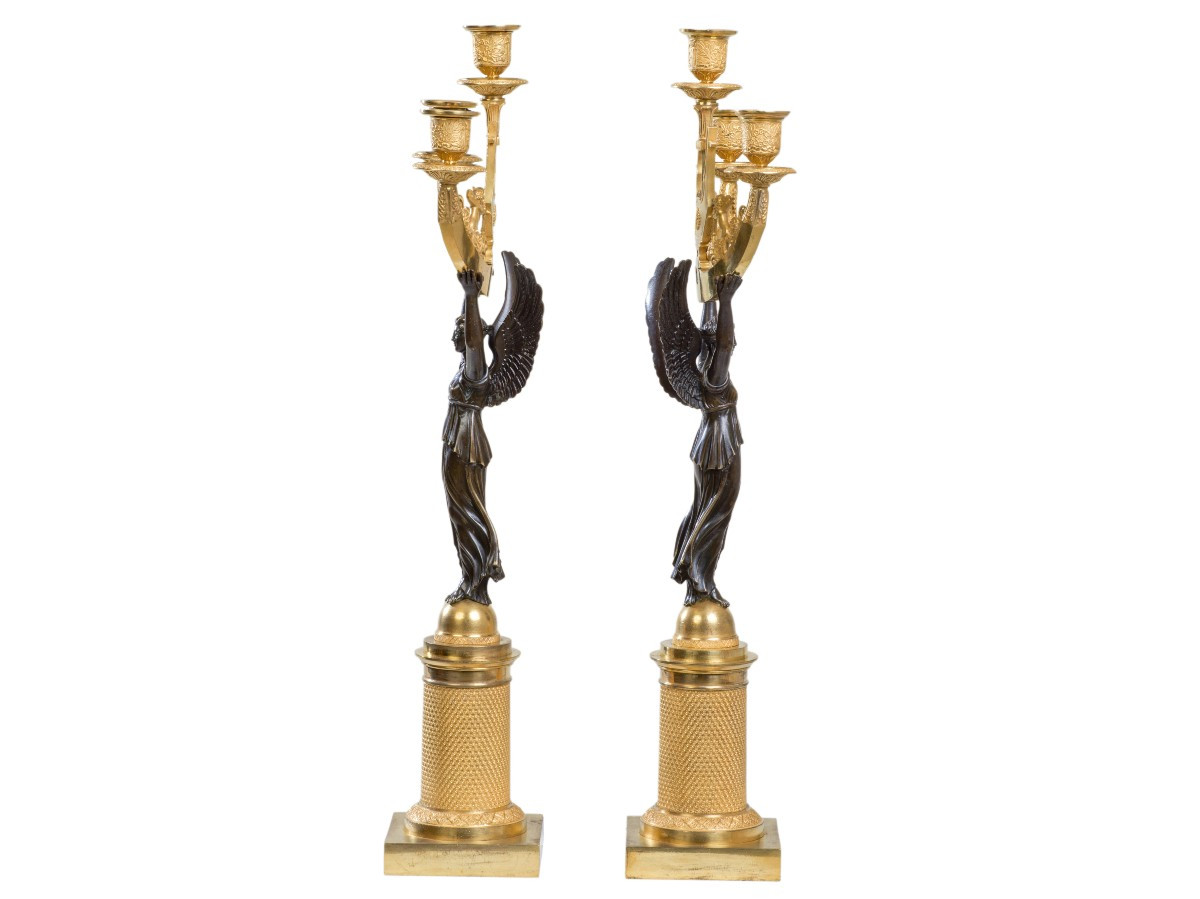 Pair Of Patinated And Gilded Bronze Candelabras, Empire Period-photo-1