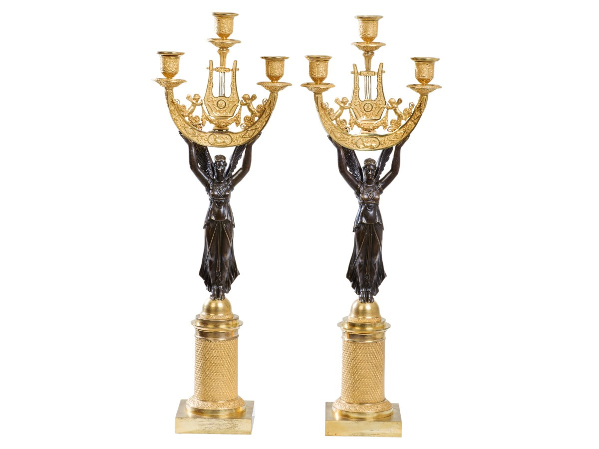 Pair Of Patinated And Gilded Bronze Candelabras, Empire Period-photo-7