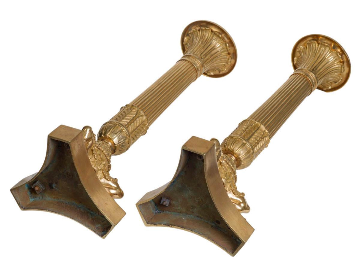 Pair Of Gilt Bronze Candlesticks, Restoration Period-photo-4