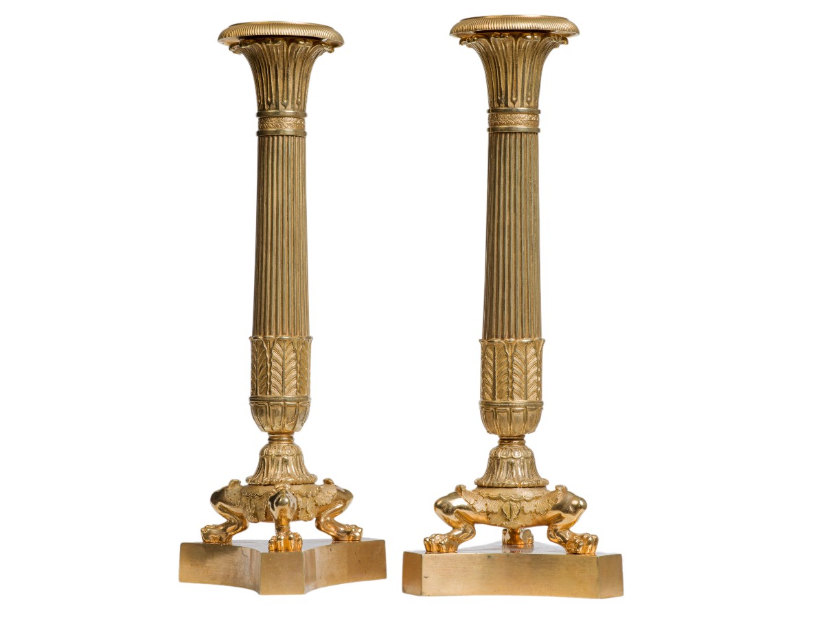 Pair Of Gilt Bronze Candlesticks, Restoration Period-photo-5