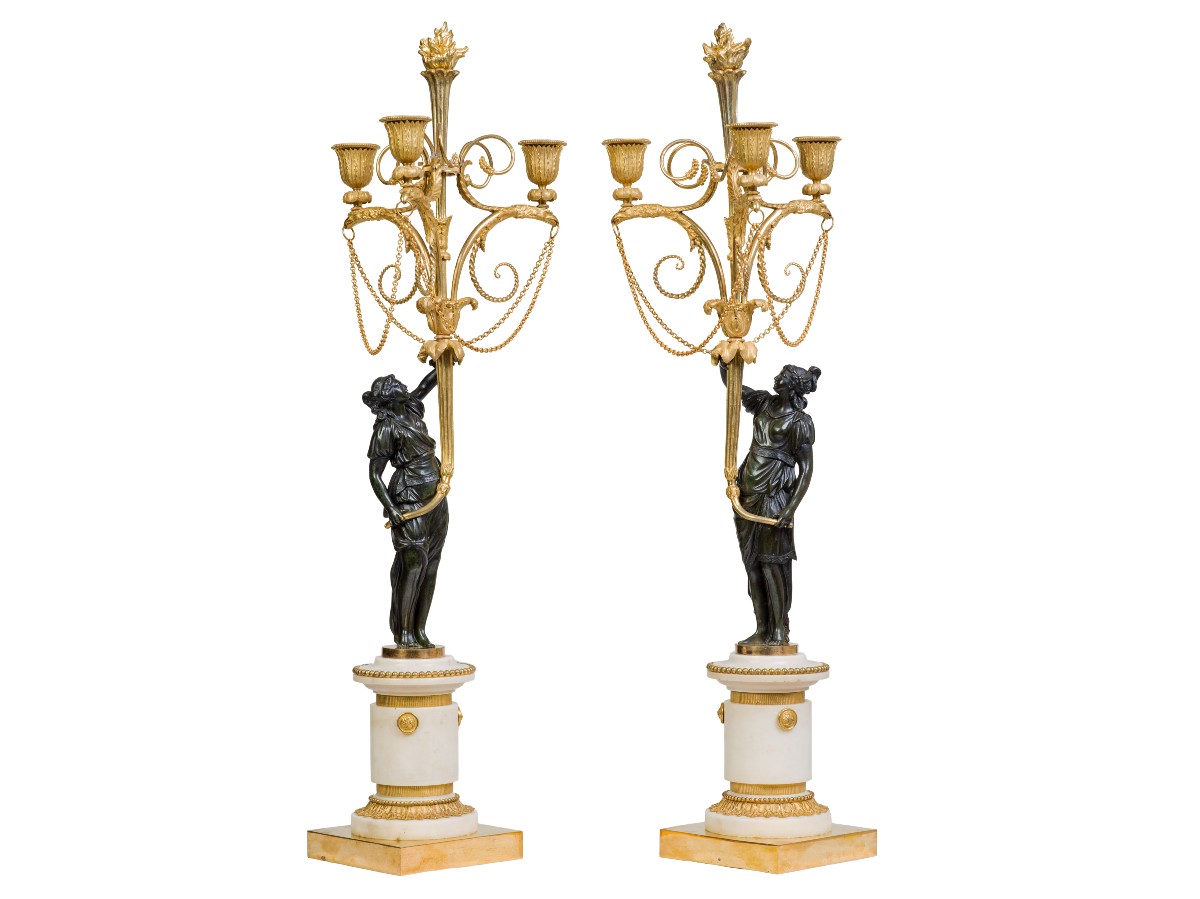 Paire de candélabres en bronze patiné et doré   Epoque Louis XVI-photo-2