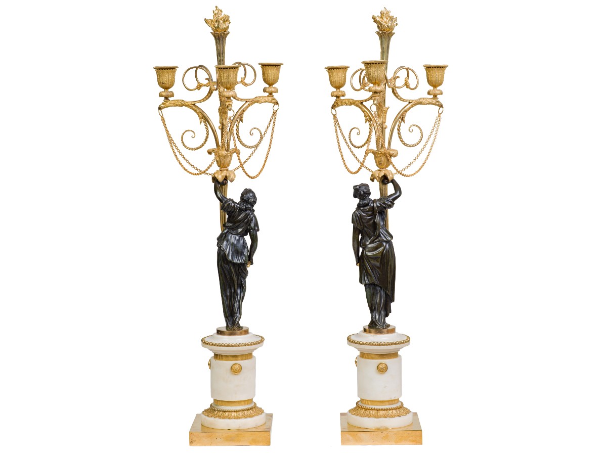 Paire de candélabres en bronze patiné et doré   Epoque Louis XVI-photo-3