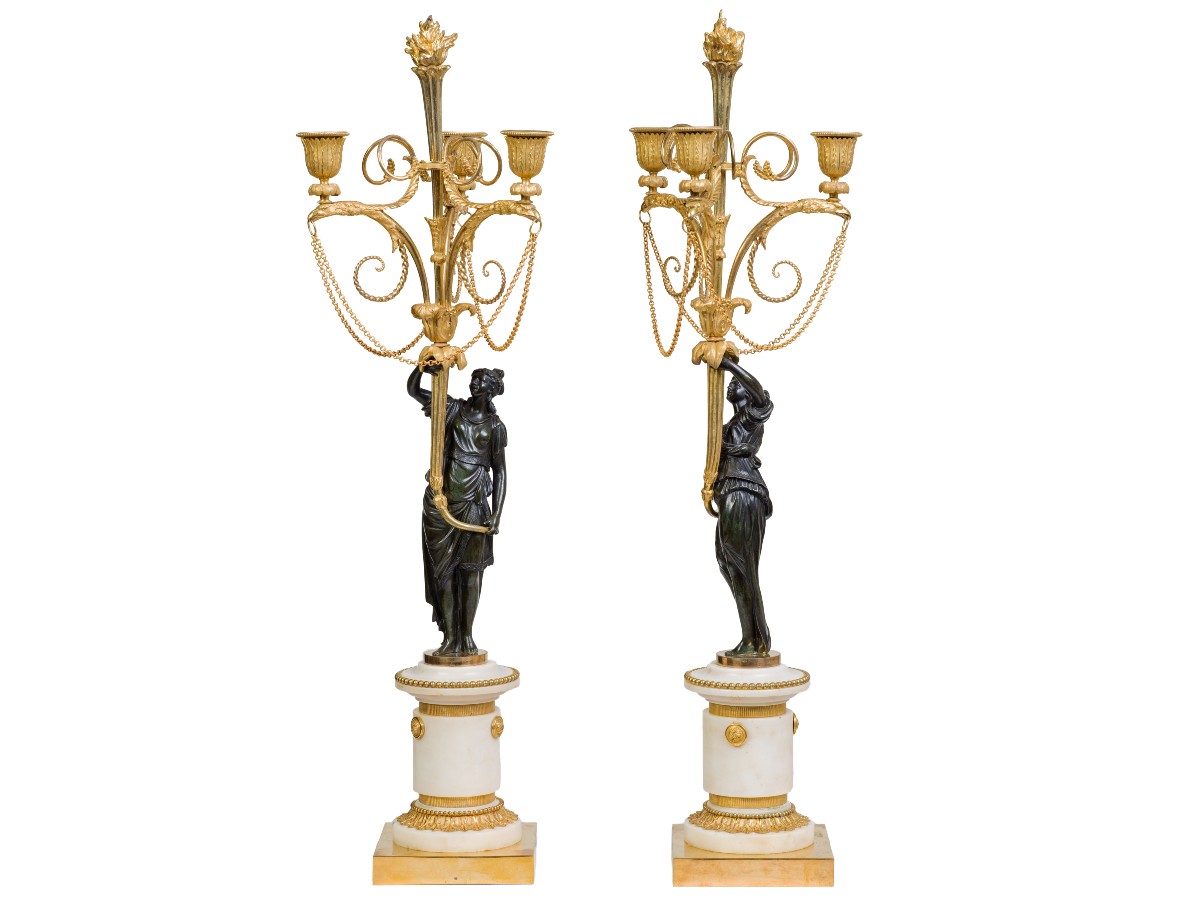 Paire de candélabres en bronze patiné et doré   Epoque Louis XVI-photo-4