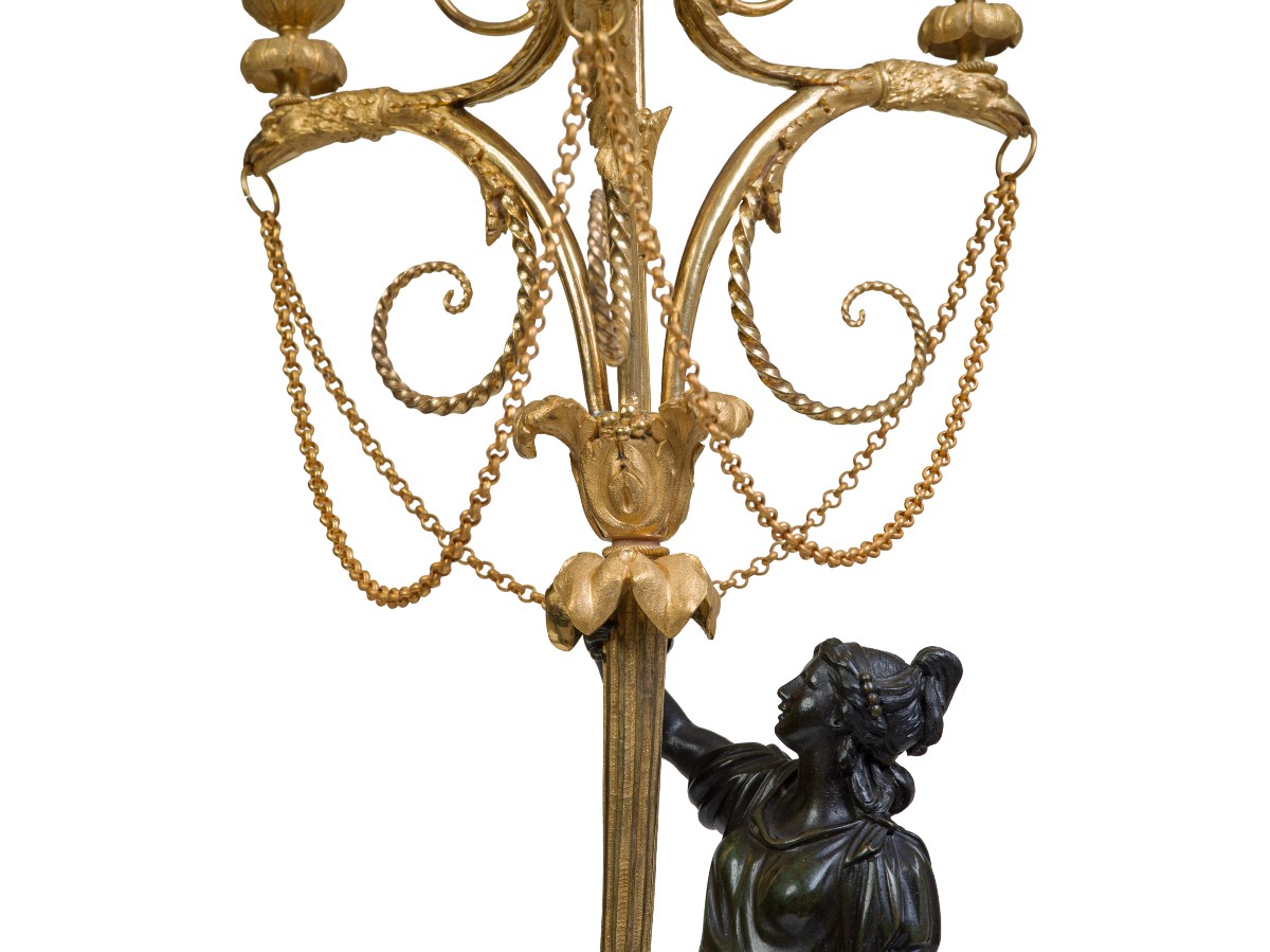 Paire de candélabres en bronze patiné et doré   Epoque Louis XVI-photo-3
