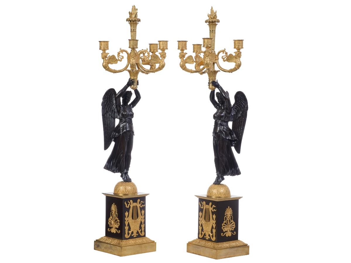 Pair Of Patinated And Gilded Bronze Candelabras, Empire Period-photo-2