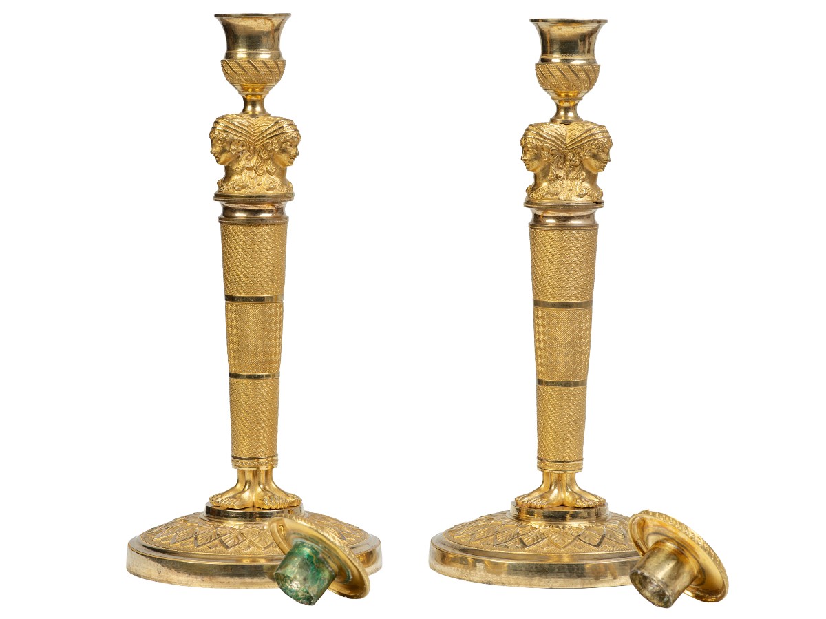 Pair Of Gilt Bronze Candlesticks Empire Period-photo-2