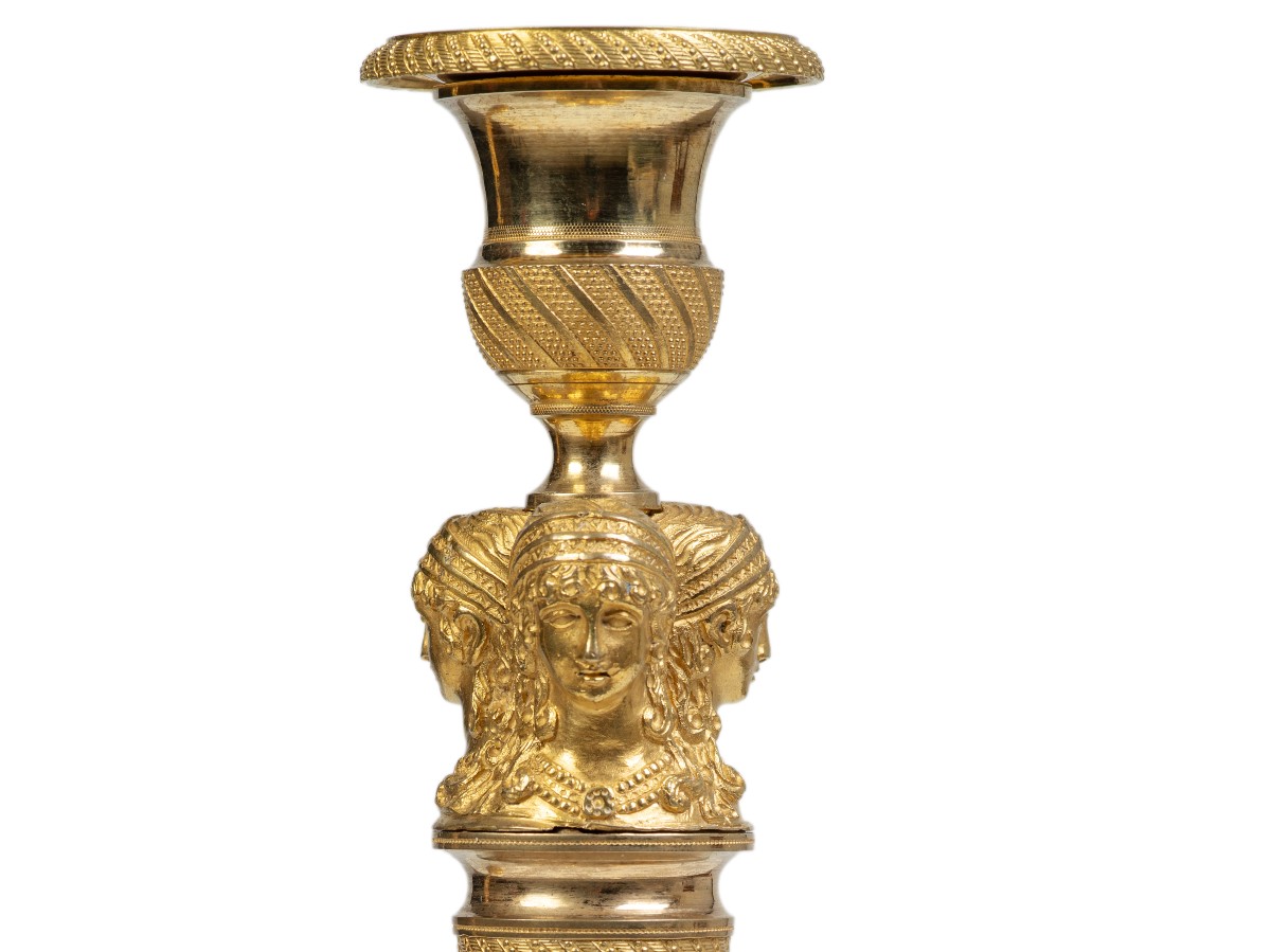 Pair Of Gilt Bronze Candlesticks Empire Period-photo-3