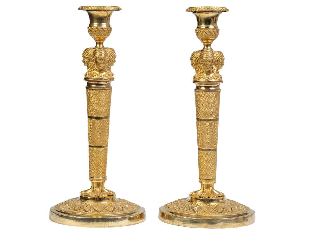 Pair Of Gilt Bronze Candlesticks Empire Period-photo-3
