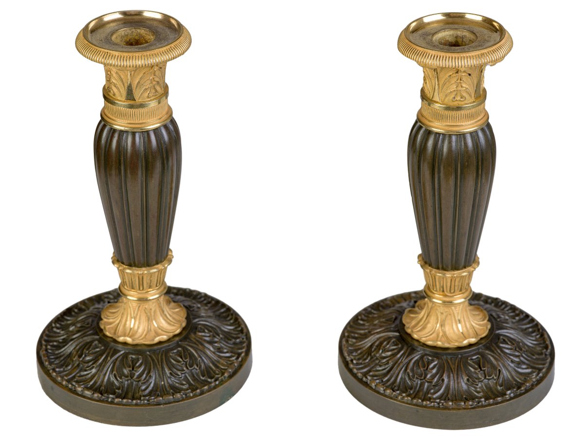 Pair Of Patinated And Gilded Bronze Candlesticks    Restoration Period-photo-2