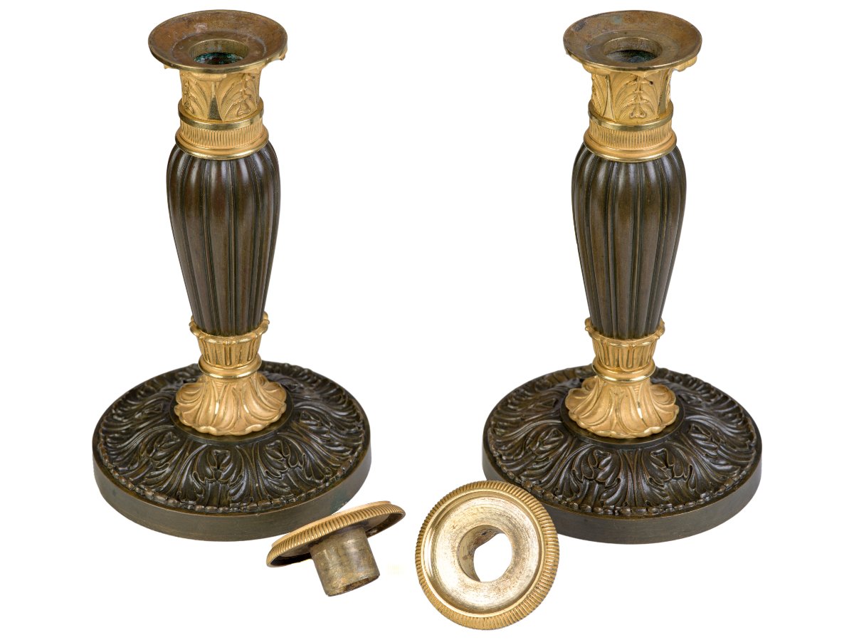 Pair Of Patinated And Gilded Bronze Candlesticks    Restoration Period-photo-3