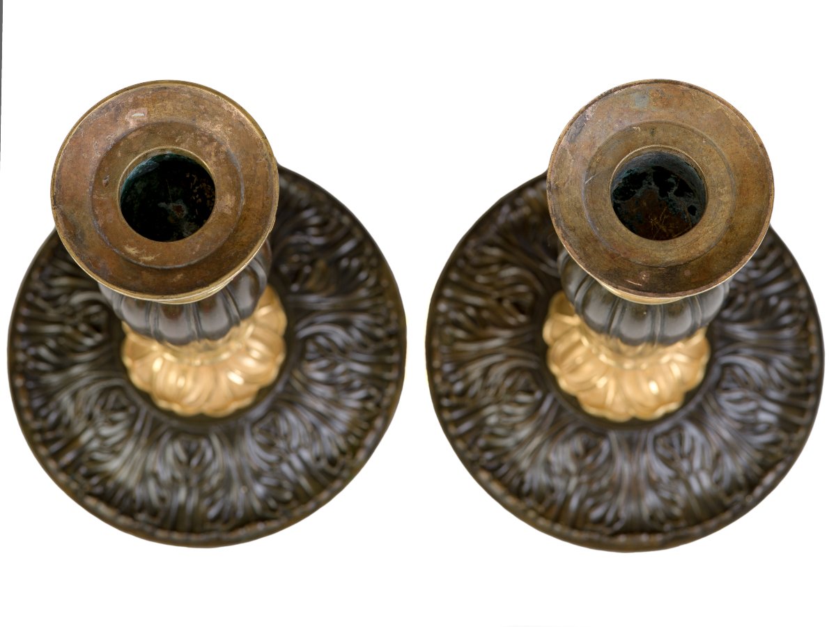 Pair Of Patinated And Gilded Bronze Candlesticks    Restoration Period-photo-4
