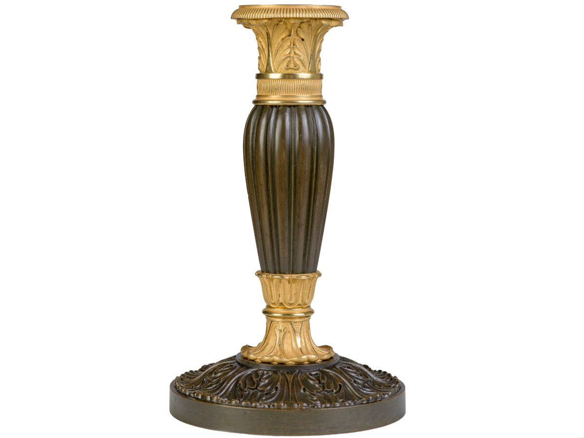 Pair Of Patinated And Gilded Bronze Candlesticks    Restoration Period-photo-1
