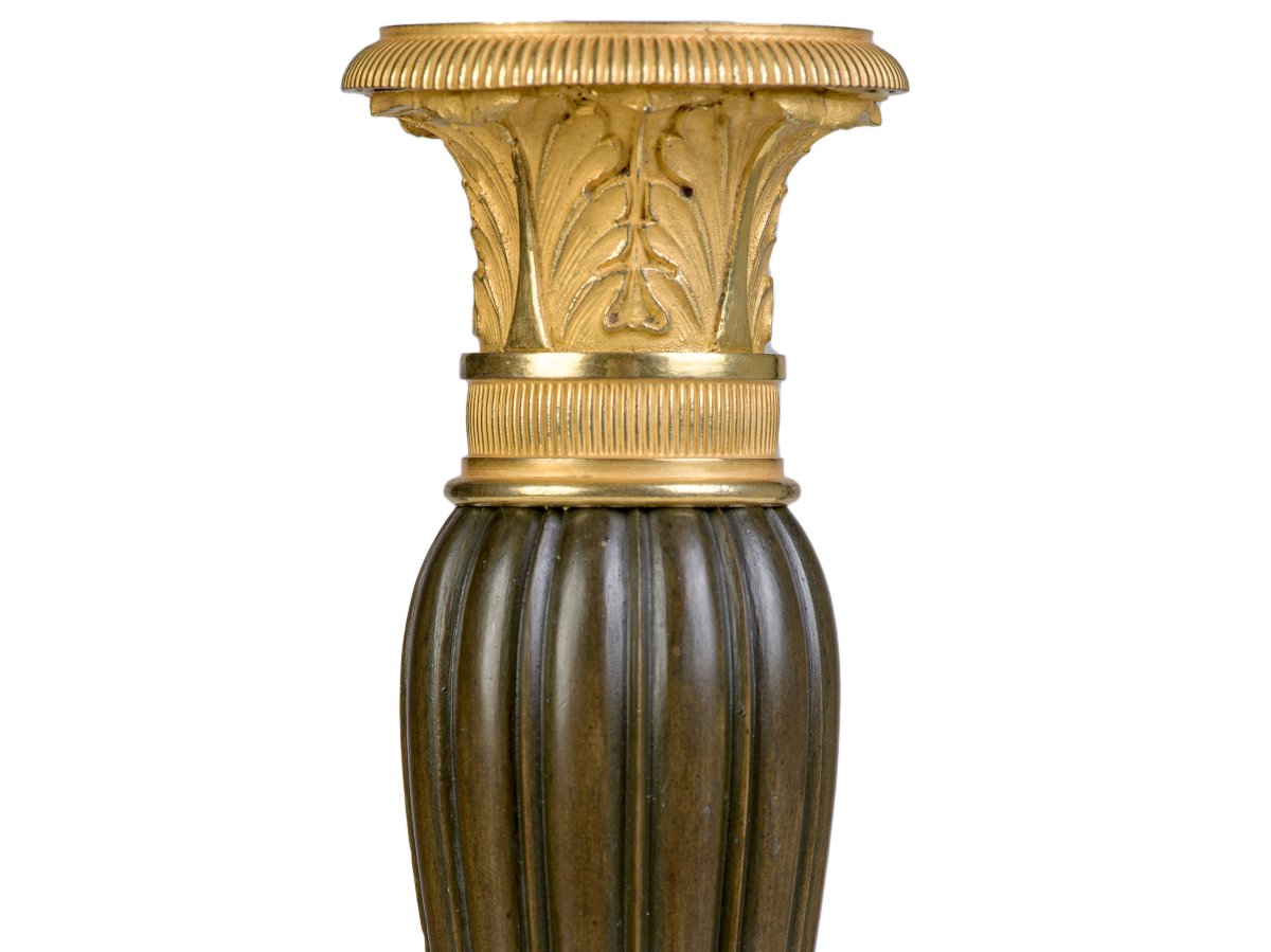 Pair Of Patinated And Gilded Bronze Candlesticks    Restoration Period-photo-2