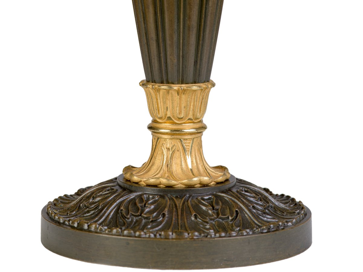 Pair Of Patinated And Gilded Bronze Candlesticks    Restoration Period-photo-3