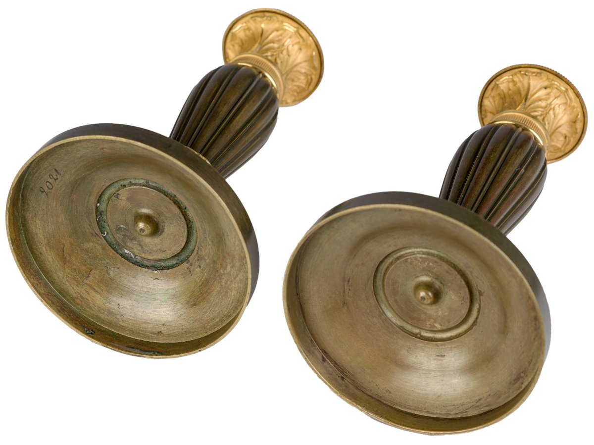 Pair Of Patinated And Gilded Bronze Candlesticks    Restoration Period-photo-5