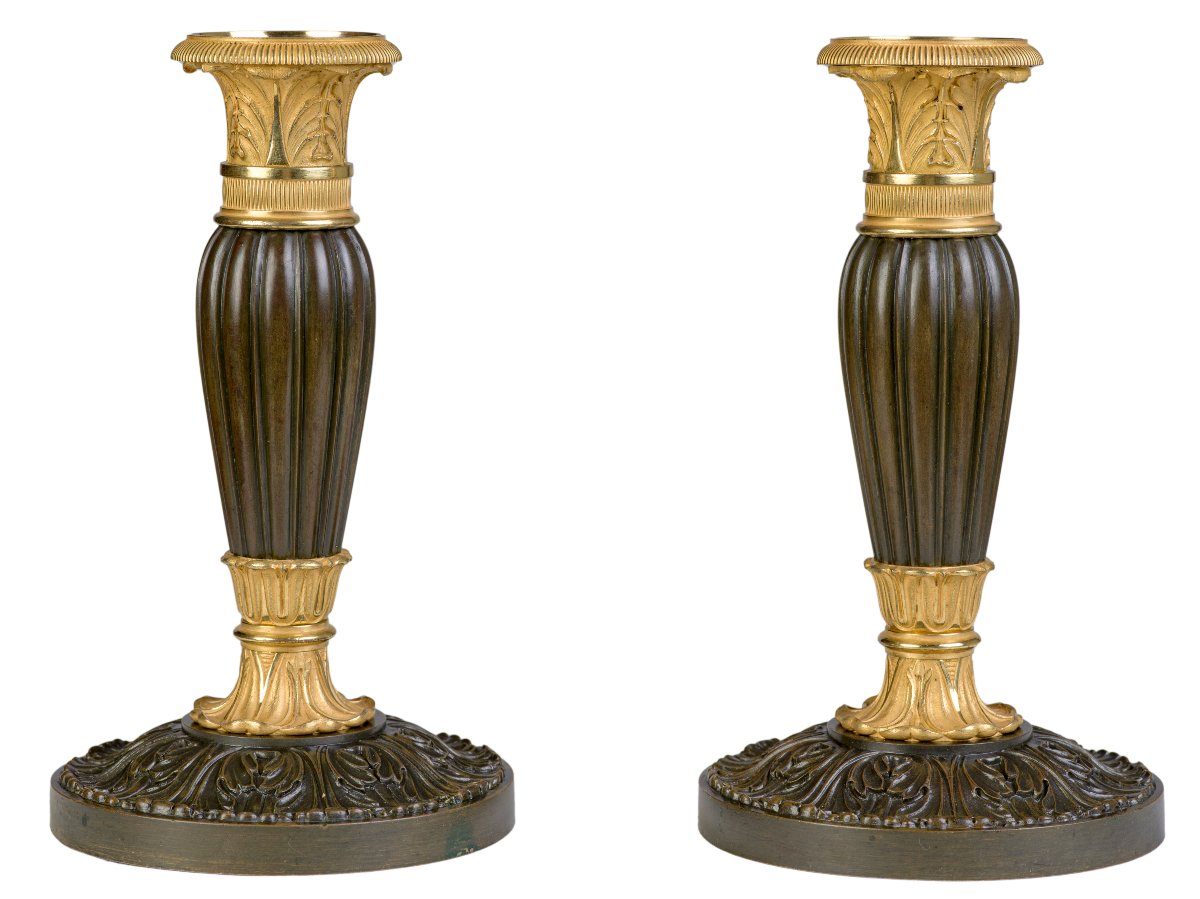 Pair Of Patinated And Gilded Bronze Candlesticks    Restoration Period