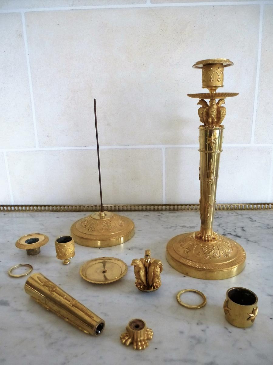 Pair Of Candlesticks In Gilt Bronze Empire Period-photo-2