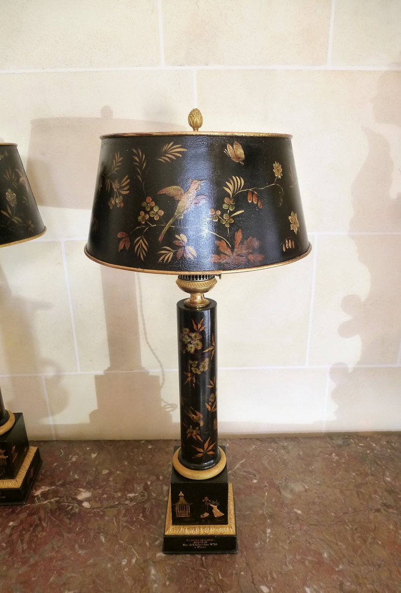 Paire De Lampes Carcel En Tôle Peinte Et Bronze Doré  Epoque Empire-photo-8