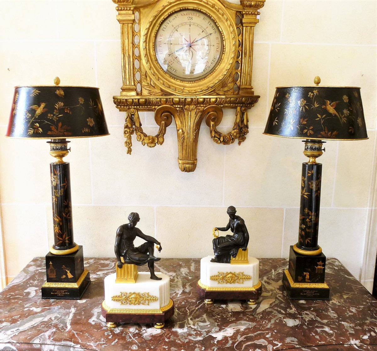 Paire De Lampes Carcel En Tôle Peinte Et Bronze Doré  Epoque Empire